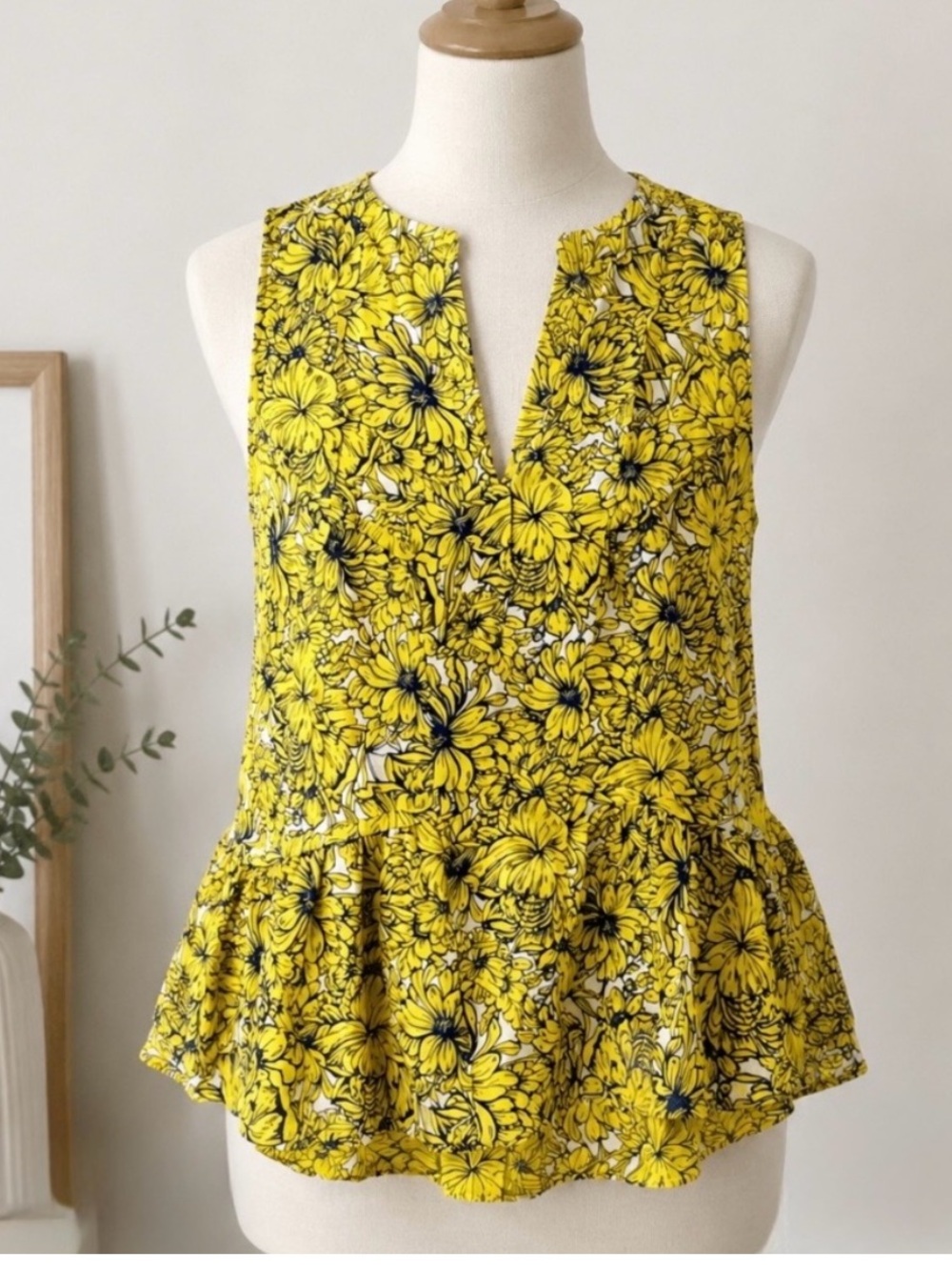 Megan Park Silk Sleeveless Yellow Floral Peplum Top Size 00